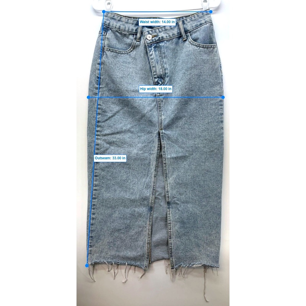 Light Wash Denim Midi Skirt Sz S Asymmetrical Waist Raw Hem Y2K Grunge - Picture 8 of 9